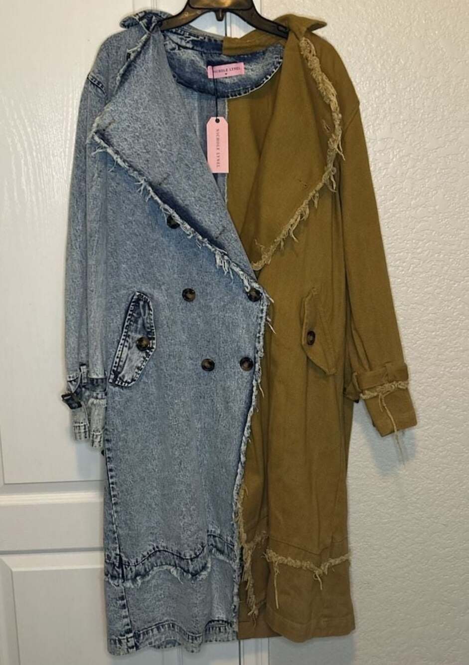 Nichole Lynel Two-Tone Denim and Khaki Trench Coat